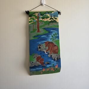Vtg Paint By Number Tapestry Boys Nursery Room Decor Art Bears Fish Wall Hanging